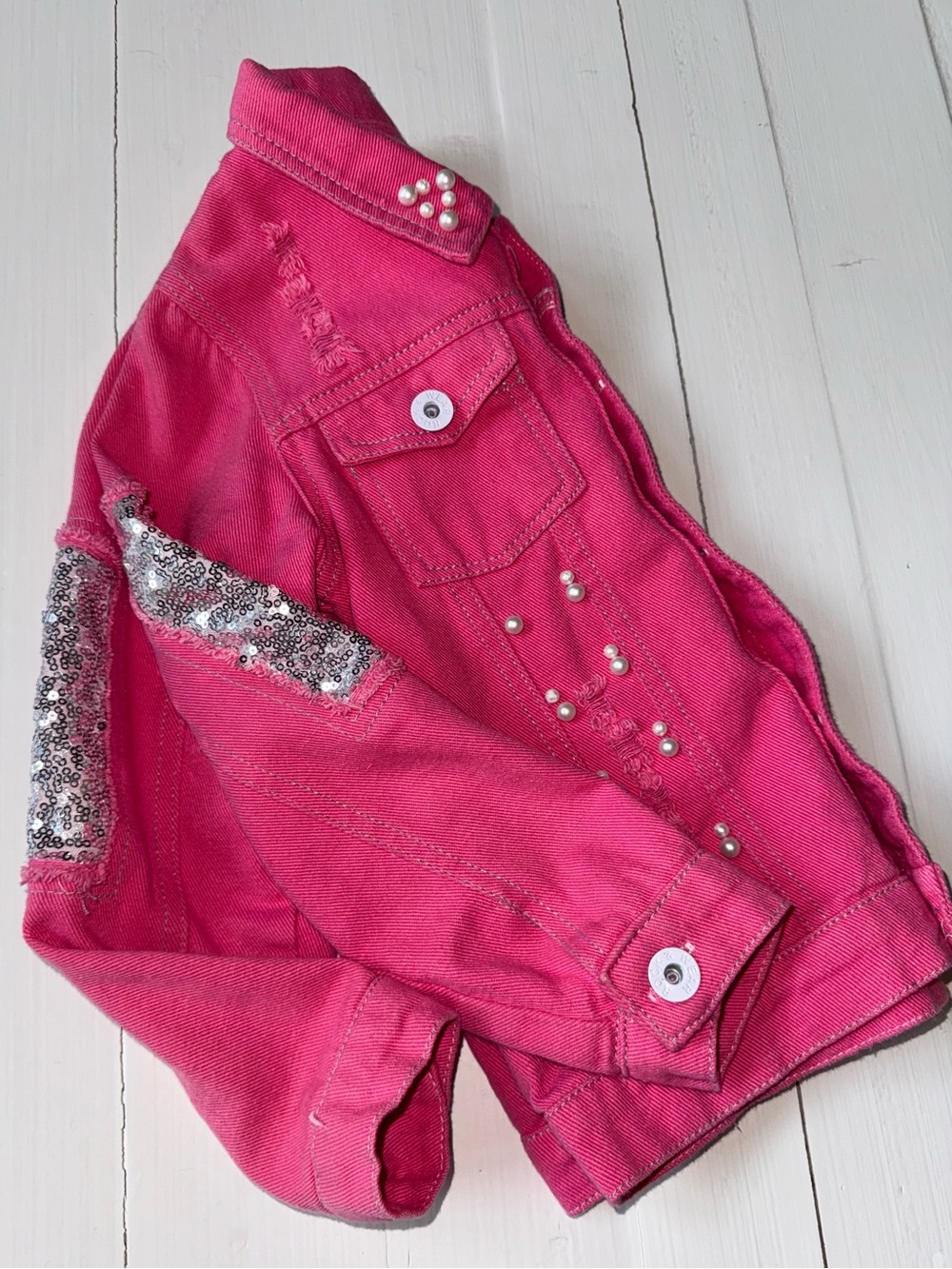 Ruffles by Tutu & Lulu Pink Sequin Butterfly Denim Jacket Size 6